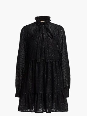 MICHAEL Michael Kors Black Ruffle Tie-Neck Long-Sleeve Mini Dress